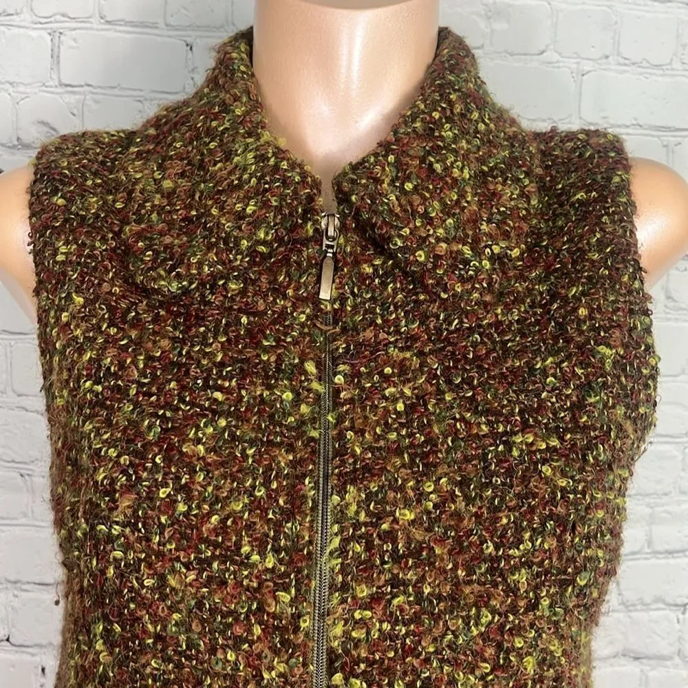 Beyond Threads Brown and Green Boucle Textured Zip-Up Vest Size Small